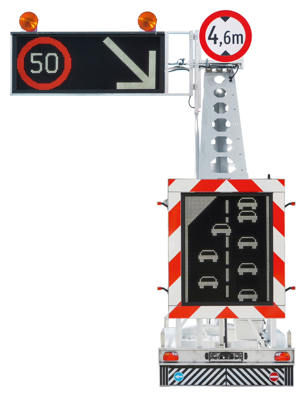 Die Überkopf-Signalisation des mobilen LED-Vorwarners „Berghaus TOP-LED“ mit Auslegerarm macht lichtstark mit LED-Technik und in sechs Meter Höhe über der Fahrbahn aktiv auf die vorausliegende Gefahrenstelle aufmerksam.