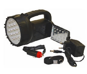 LED hand lamp with rechargeable battery, battery charger and vehicle charge cable