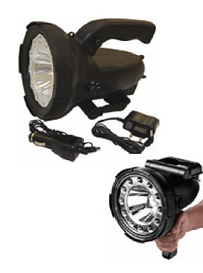 LED search spotlight with rechargeable battery, battery charger and vehicle charge cable