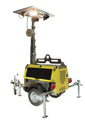 Mobile LED light mast system with generator, battery and solar module